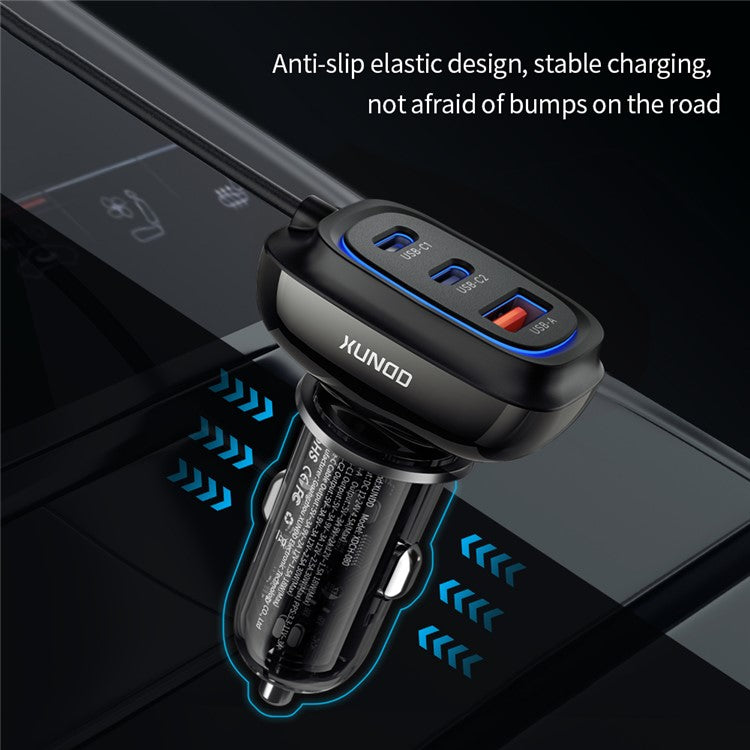 XUNDD XDCH-080 30W 3-Port Car Charger Adapter (2 USB-C + USB-A) Cigarette Lighter with Cable