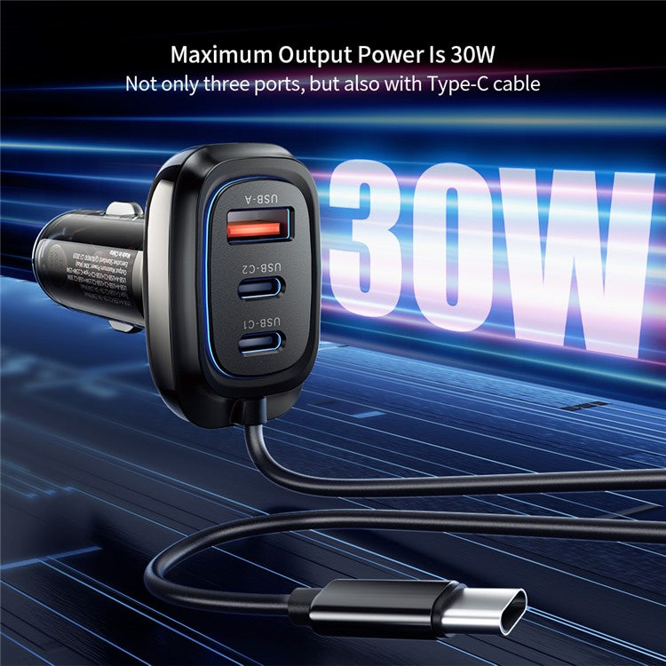 XUNDD XDCH-080 30W 3-Port Car Charger Adapter (2 USB-C + USB-A) Cigarette Lighter with Cable