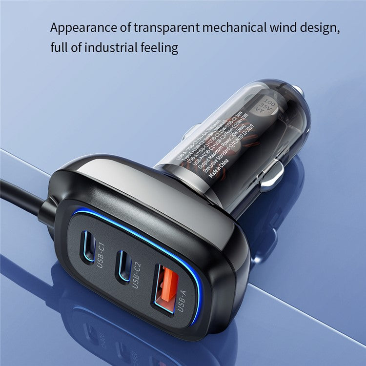 XUNDD XDCH-080 30W 3-Port Car Charger Adapter (2 USB-C + USB-A) Cigarette Lighter with Cable