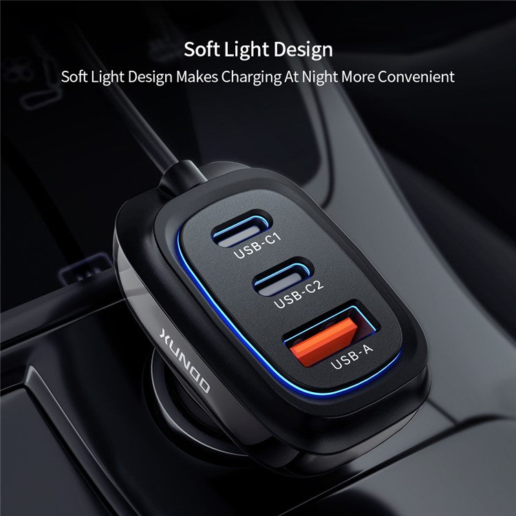 XUNDD XDCH-080 30W 3-Port Car Charger Adapter (2 USB-C + USB-A) Cigarette Lighter with Cable