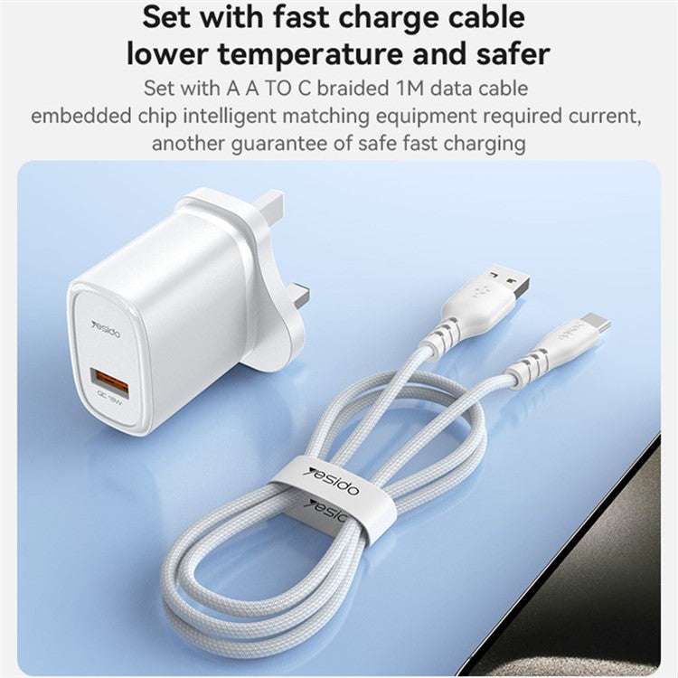 YESIDO YC85C UK Plug Single USB Port Wall Charger 18W Phone Tablet Fast Charging Adapter with Cable