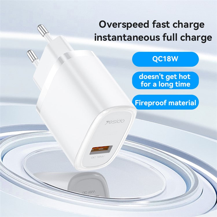 YESIDO YC66C EU Plug Single USB Port Wall Charger 18W Phone Tablet Fast Charging Adapter with Cable