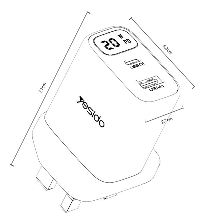 YESIDO YC87 Digital Display 20W Wall Charger USB + Type-C Phone Tablet Charging Adapter, UK Plug