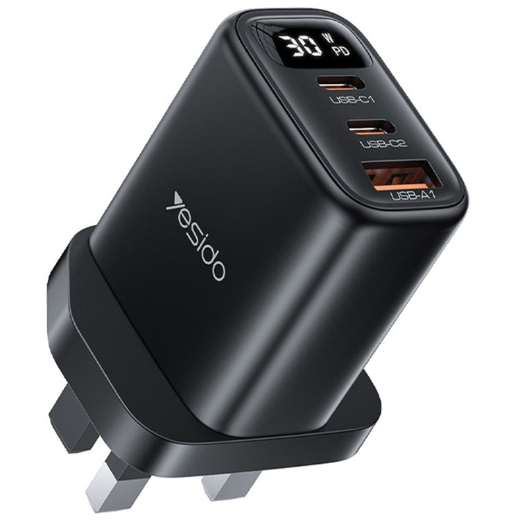 YESIDO YC88 Digital Display Wall Charger 2 Type-C + 1 USB-A 30W Phone Fast Charging Adapter, UK Plug