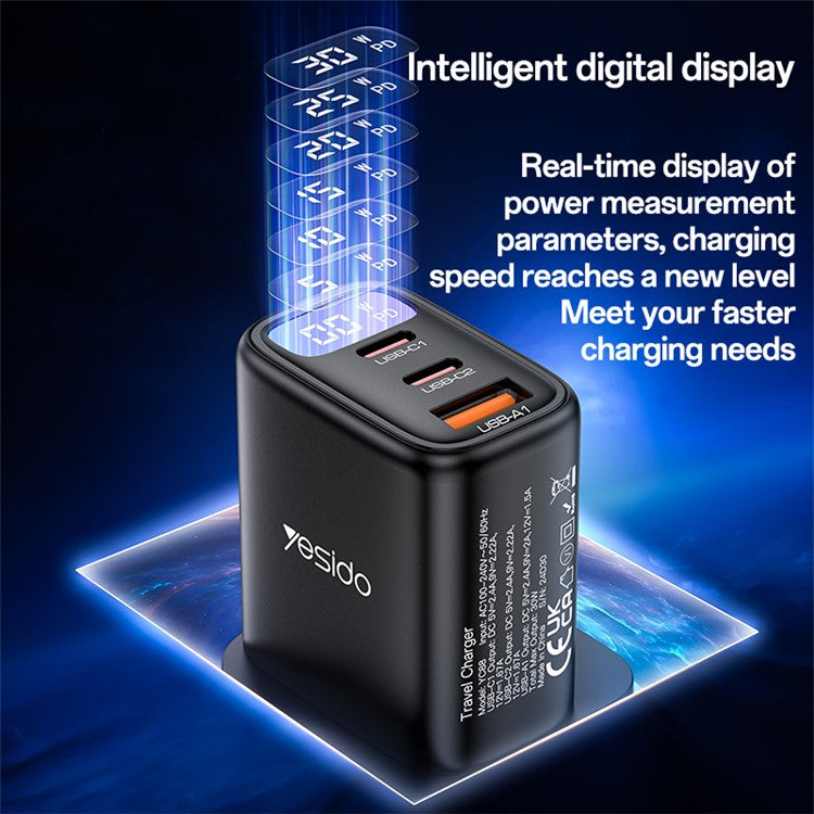 YESIDO YC88 Digital Display Wall Charger 2 Type-C + 1 USB-A 30W Phone Fast Charging Adapter, UK Plug