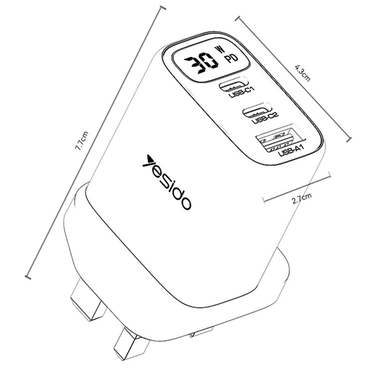 YESIDO YC88 Digital Display Wall Charger 2 Type-C + 1 USB-A 30W Phone Fast Charging Adapter, UK Plug