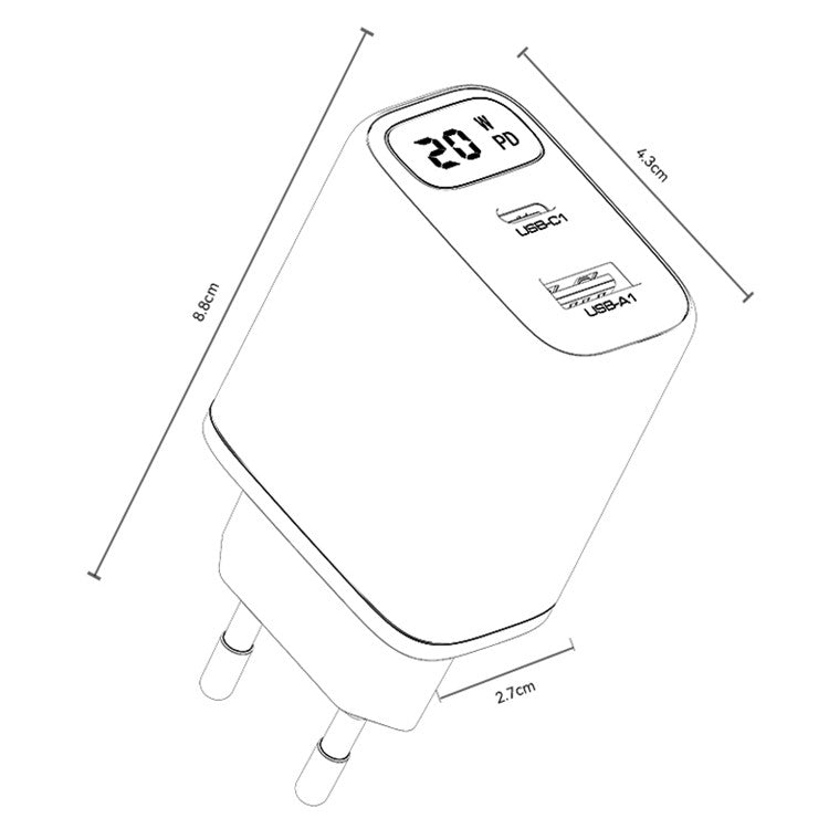 YESIDO YC68 Digital Display Wall Charger USB + Type-C 20W Phone Tablet Charging Adapter, EU Plug
