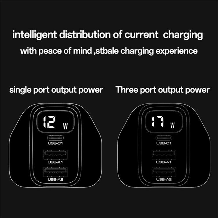 YESIDO YC86 17W Digital Display Wall Charger 2 USB + 1 Type-C Phone Charging Adapter, UK Plug