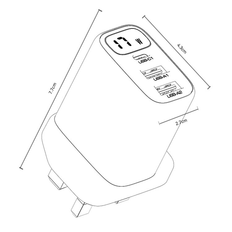 YESIDO YC86 17W Digital Display Wall Charger 2 USB + 1 Type-C Phone Charging Adapter, UK Plug