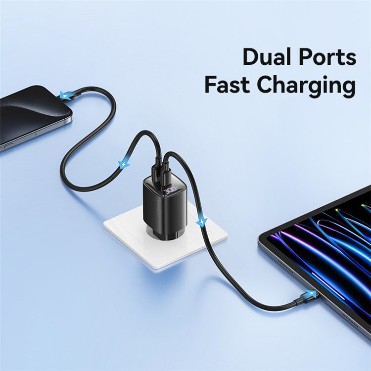 USAMS CC229 30W GaN Adapter USB-C+USB-C Dual Port Charger Block Real-Time Digital Display, EU Plug - Black