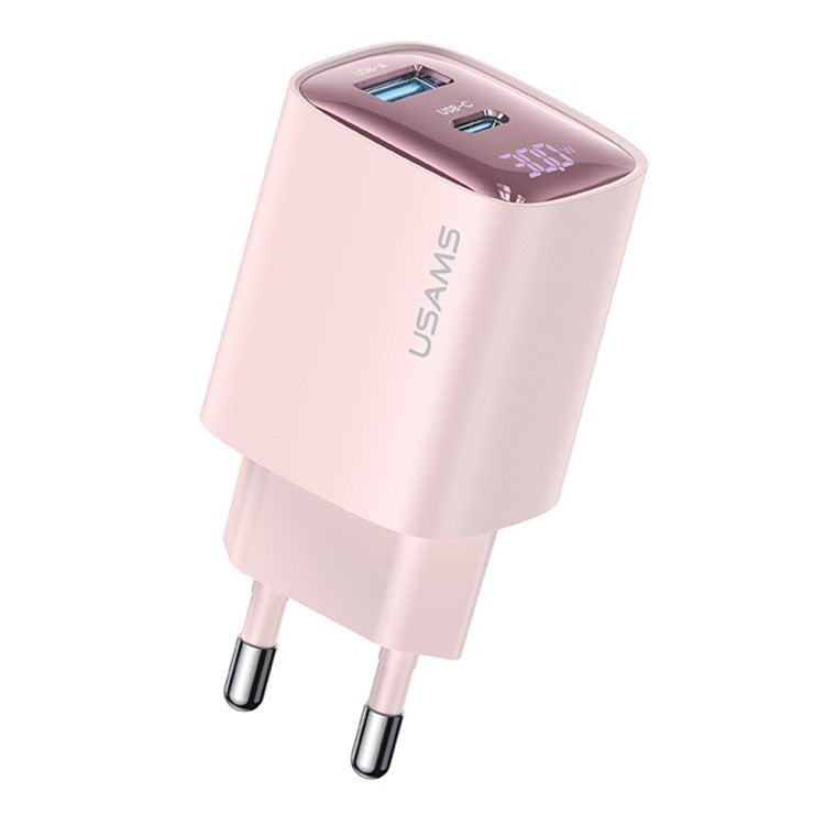 USAMS CC229 30W GaN Adapter USB-C+USB-C Dual Port Charger Block Real-Time Digital Display, EU Plug - Pink