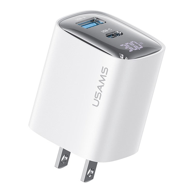 USAMS CC230 30W Fast Charging GaN Adapter USB-C+USB-C Dual Port Wall Charger Power Display, US Plug - White