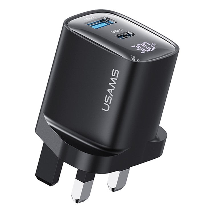 USAMS CC231 30W GaN Adapter Dual Port Fast Wall Charger Power Display, UK Plug - Black