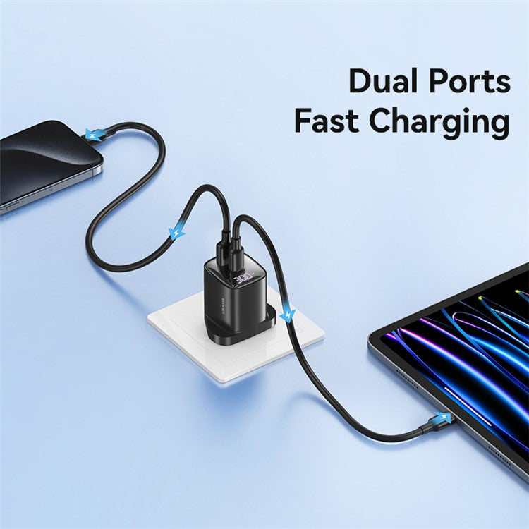 USAMS CC231 30W GaN Adapter Dual Port Fast Wall Charger Power Display, UK Plug - Black