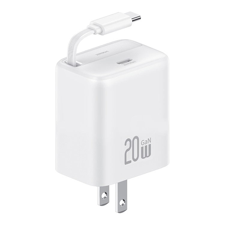 USAMS CC235 GaN Charger 20W Fast Wall Power Adapter with Retractable Cable, US Plug - White