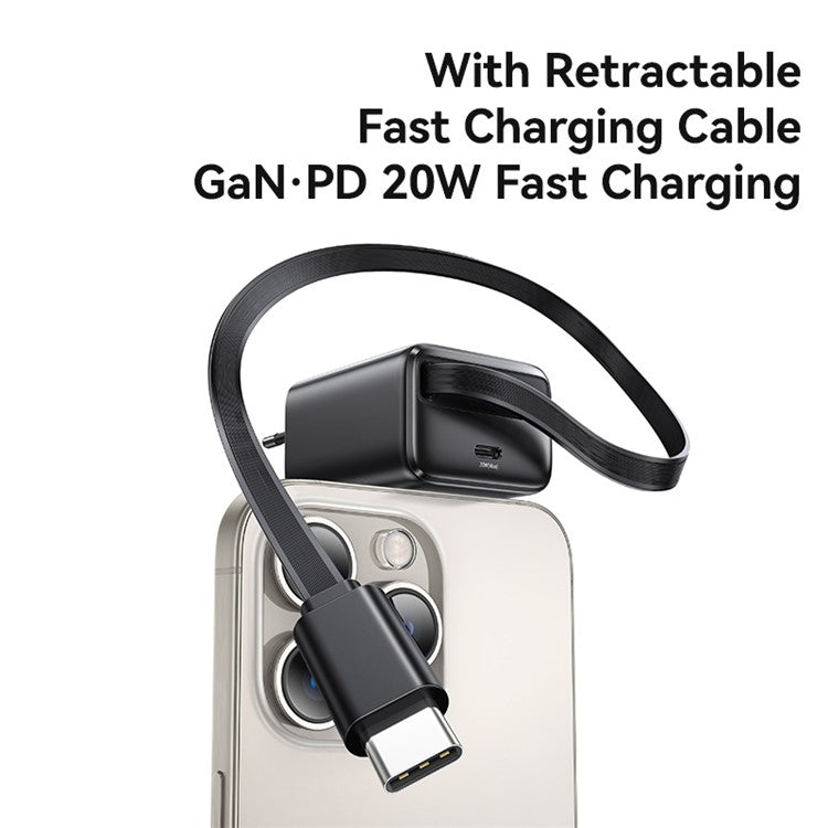 USAMS CC233 20W GaN Charger PD3.0+QC3.0 Fast Charging Adapter with Retractable Type-C Cable, EU Plug - Black