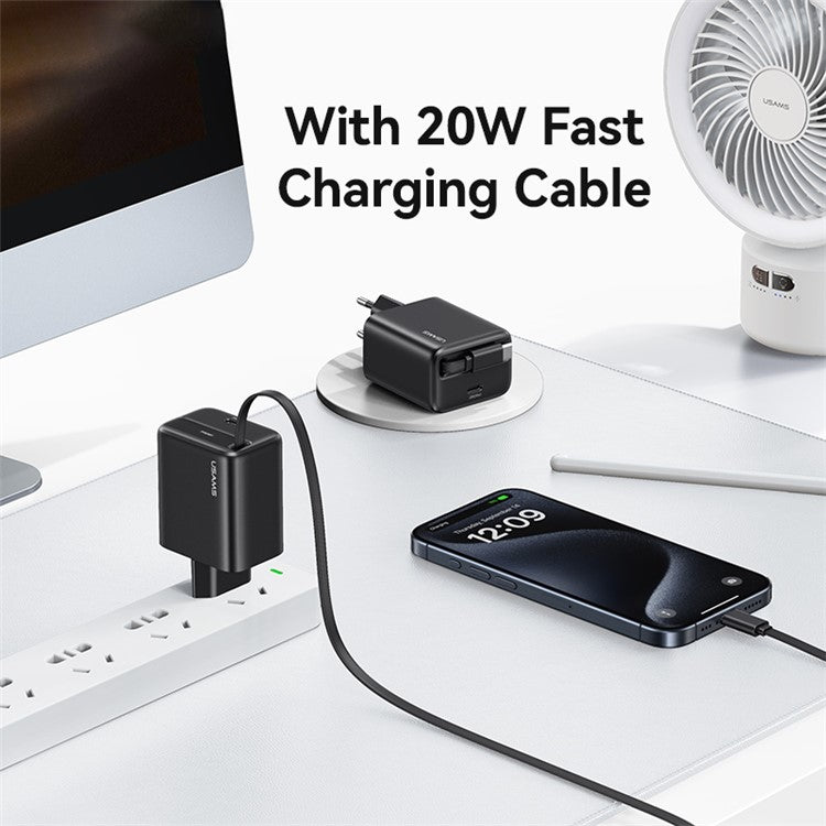 USAMS CC233 20W GaN Charger PD3.0+QC3.0 Fast Charging Adapter with Retractable Type-C Cable, EU Plug - Black