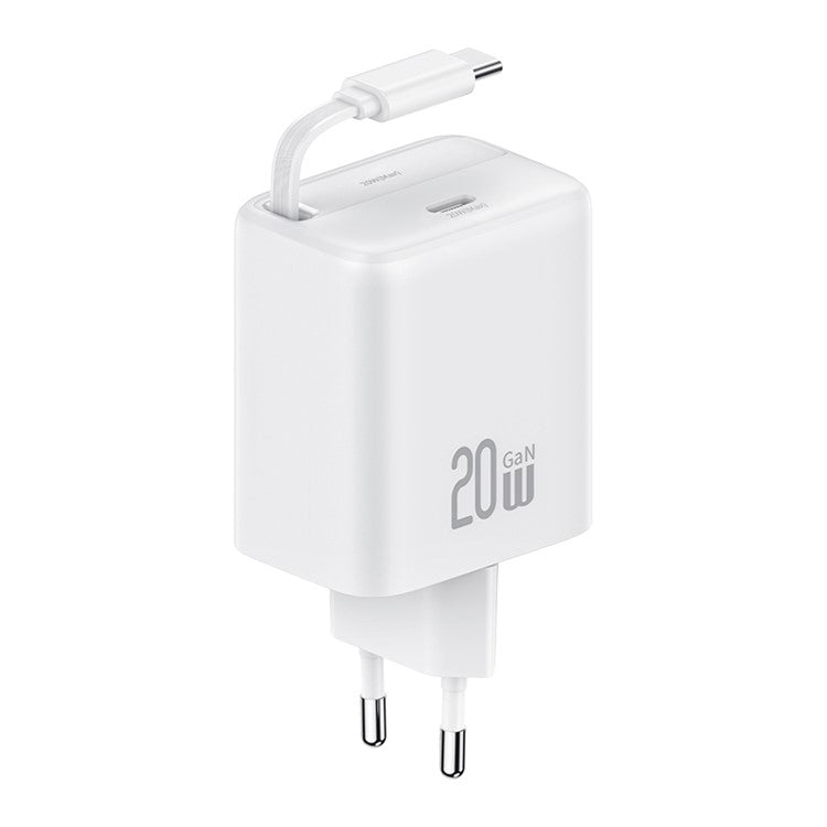 USAMS CC233 20W GaN Charger PD3.0+QC3.0 Fast Charging Adapter with Retractable Type-C Cable, EU Plug - White