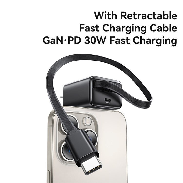 USAMS CC243 30W GaN Power Adapter PD3.0+QC3.0 Fast Charger with Retractable Type-C Cable, US Plug - White