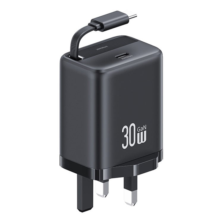 USAMS CC245 30W Fast Wall Charger GaN Power Adapter with Retractable Type-C Cable, UK Plug - Black