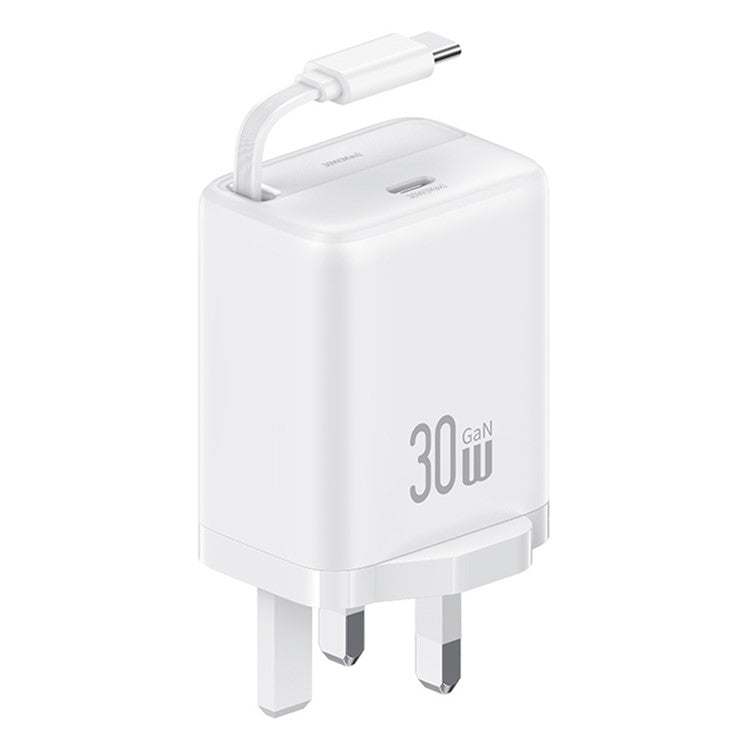 USAMS CC245 30W Fast Wall Charger GaN Power Adapter with Retractable Type-C Cable, UK Plug - White