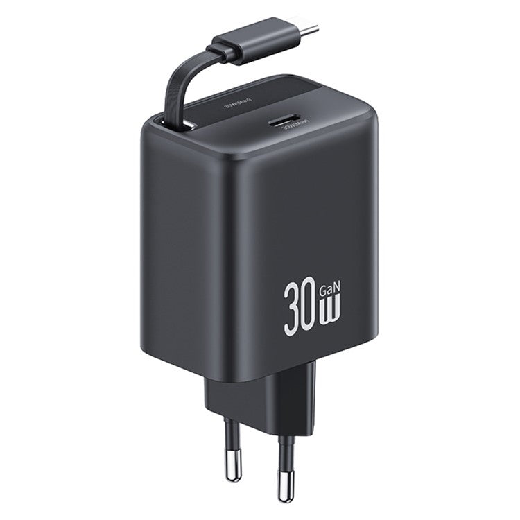 USAMS CC241 30W Type-C Charger GaN PD3.0+QC3.0 Power Adapter with Retractable Cable, EU Plug - Black