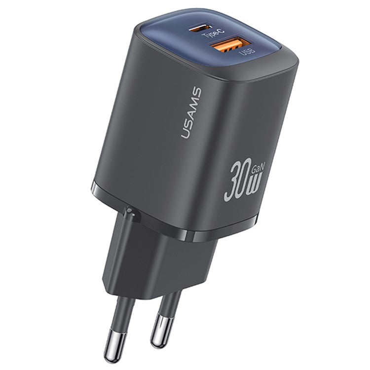 USAMS CC254 30W GaN Charger Type-C + USB-A Compact Quick Charge Wall Adapter, EU Plug - Black