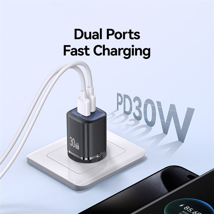 USAMS CC254 30W GaN Charger Type-C + USB-A Compact Quick Charge Wall Adapter, EU Plug - Black