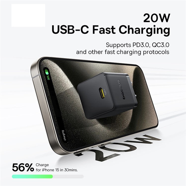 BASEUS Palm USB-C Single Port 20W Fast Charger US Plug Wall Charging Adapter - Black