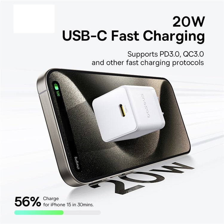 BASEUS Palm USB-C Single Port 20W Fast Charger US Plug Wall Charging Adapter - White