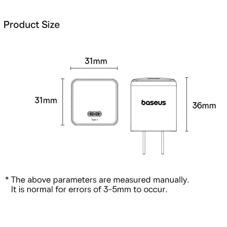 BASEUS Palm USB-C Single Port 20W Fast Charger US Plug Wall Charging Adapter - White