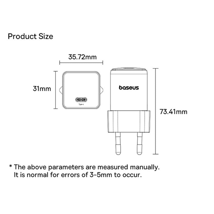 BASEUS Palm USB-C Single Port 20W Fast Charger EU Plug Wall Charging Adapter - Black