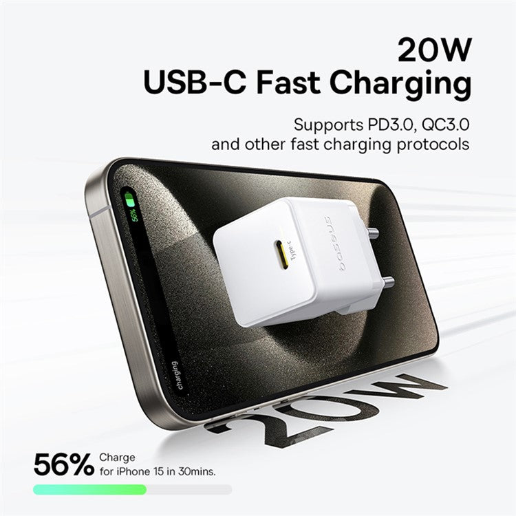 BASEUS Palm USB-C Single Port 20W Fast Charger EU Plug Wall Charging Adapter - White