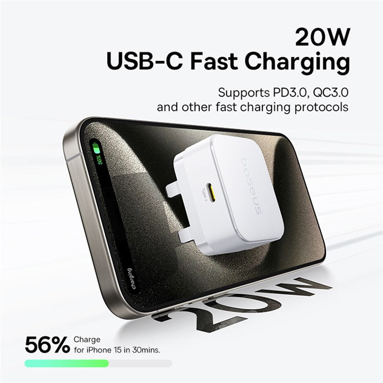 BASEUS Palm USB-C Single Port 20W Fast Charger UK Plug Wall Charging Adapter, White