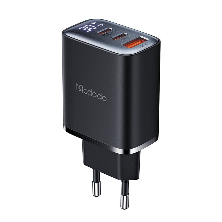 MCDODO CH-2180 30W Dual Type-C+USB-A Wall Charger Digital Display Charging Adapter, EU Plug - Black