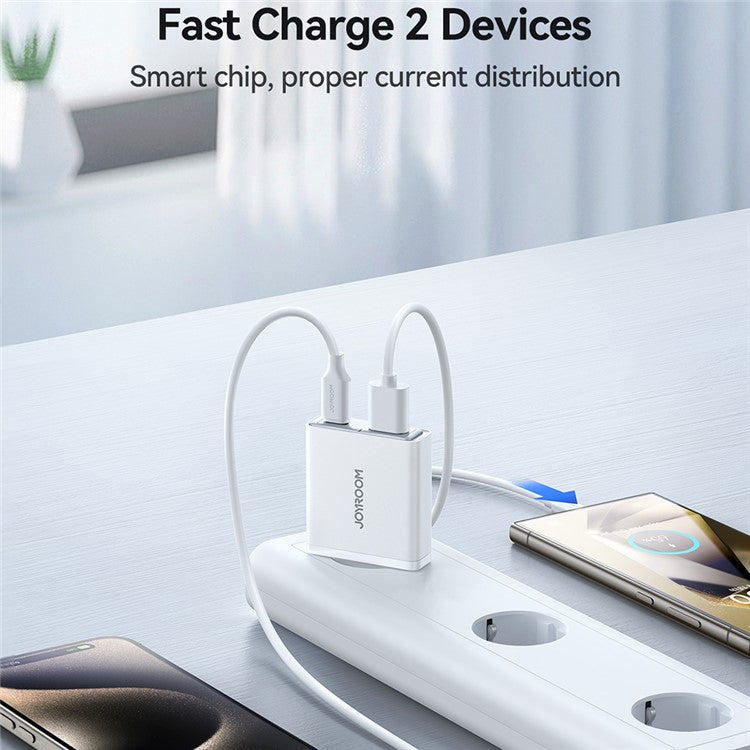 JOYROOM JR-TCF14 20W Fast Charging Charger USB-C+USB-A Dual Port Adapter, EU Plug for iPhone 16-15 Series - White