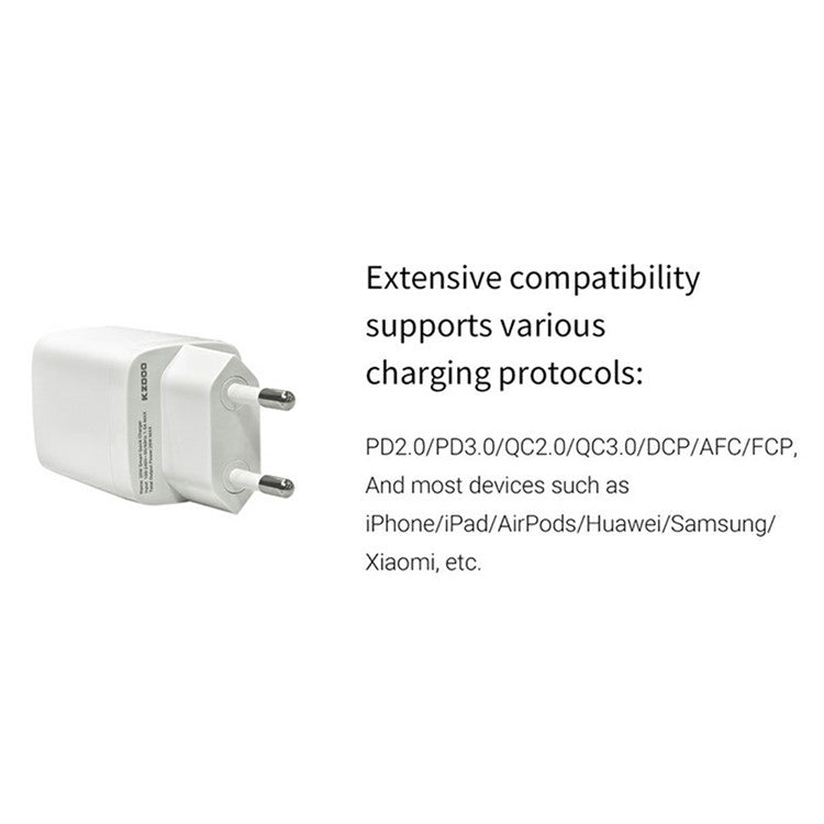 KZDOO PD 20W Wall Charger USB-C+USB-A Dual-Port Power Adapter Charger - EU Plug