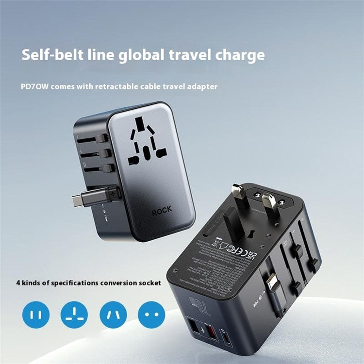 ROCK JY-355MAX PD 70W GaN Travel Adapter with Retractable Cable, 2 USB-A+USB-C Wall Charger