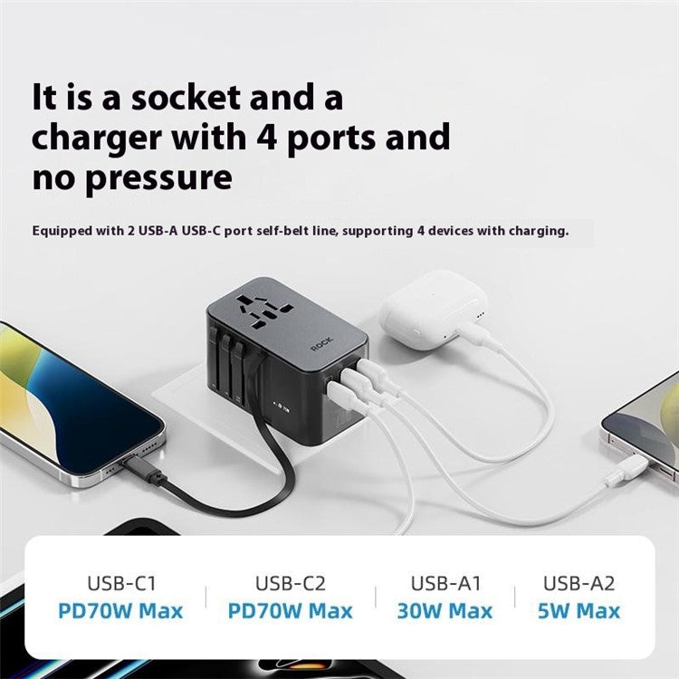 ROCK JY-355MAX PD 70W GaN Travel Adapter with Retractable Cable, 2 USB-A+USB-C Wall Charger