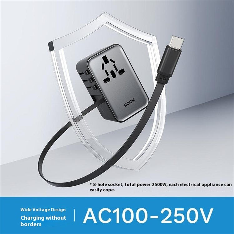 ROCK JY-355MAX PD 70W GaN Travel Adapter with Retractable Cable, 2 USB-A+USB-C Wall Charger