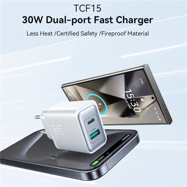 JOYROOM JR-TCF15 30W Wall Charger USB-C+USB-A Dual Port PD Fast Charging Adapter, EU Plug