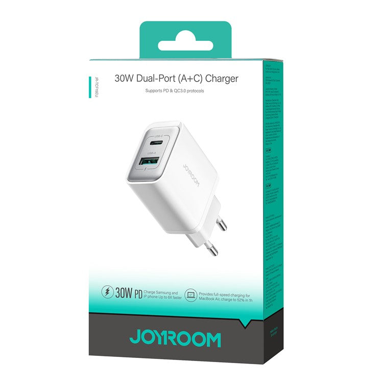 JOYROOM JR-TCF15 30W Wall Charger USB-C+USB-A Dual Port PD Fast Charging Adapter, EU Plug