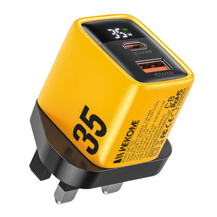 WEKOME WP-U25 35W GaN Charger Dual Port Fast Wall Charger Digital Display Adapter, UK Plug - Yellow