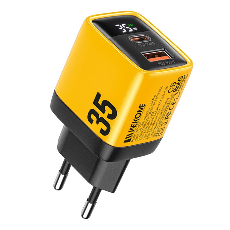 WEKOME WP-U25 35W GaN Charger Dual Port Fast Wall Charger Digital Display Adapter, EU Plug - Yellow