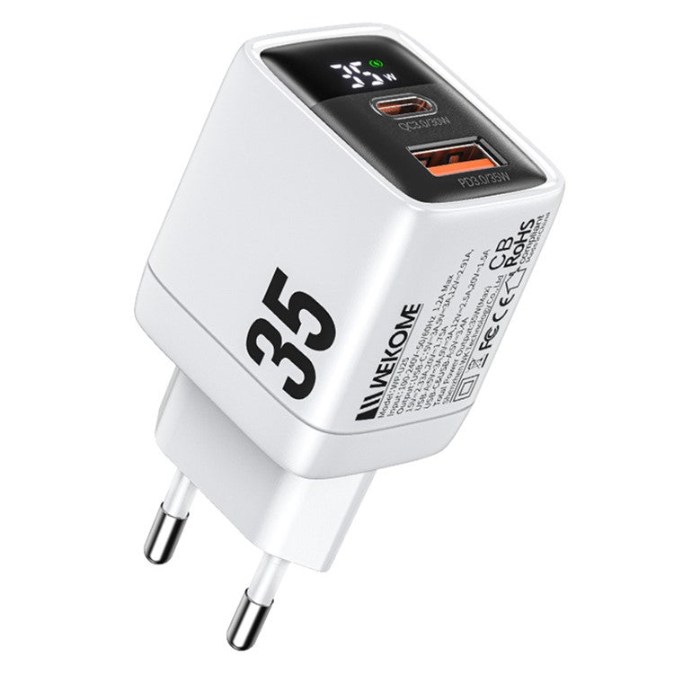 WEKOME WP-U25 35W GaN Charger Dual Port Fast Wall Charger Digital Display Adapter, EU Plug - White