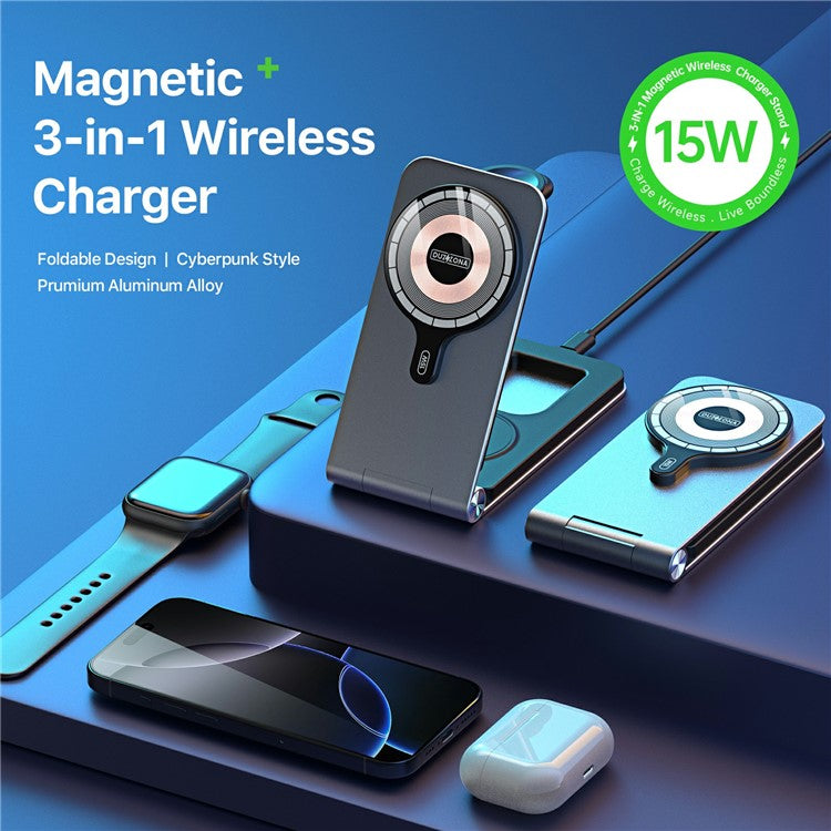 DUZZONA W22 15W 3-in-1 Magnetic Wireless Charger Folding Portable Phone Charger for Earbuds, iWatch