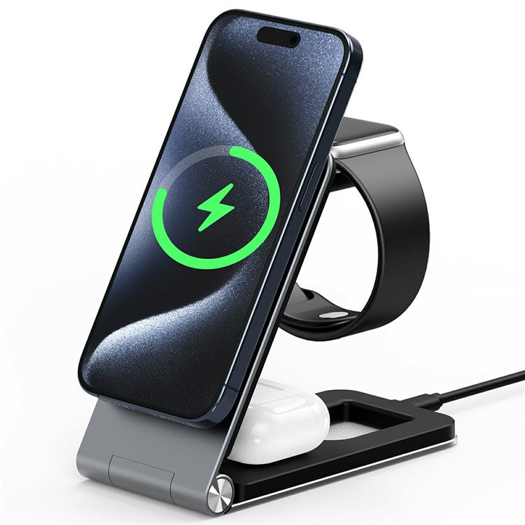 DUZZONA W22 15W 3-in-1 Magnetic Wireless Charger Folding Portable Phone Charger for Earbuds, iWatch