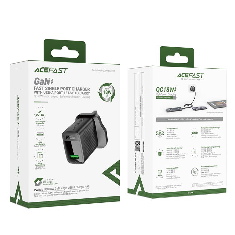 ACEFAST A91 QC 18W GaN Charger Single USB-A Phone Charger Adapter, UK Plug