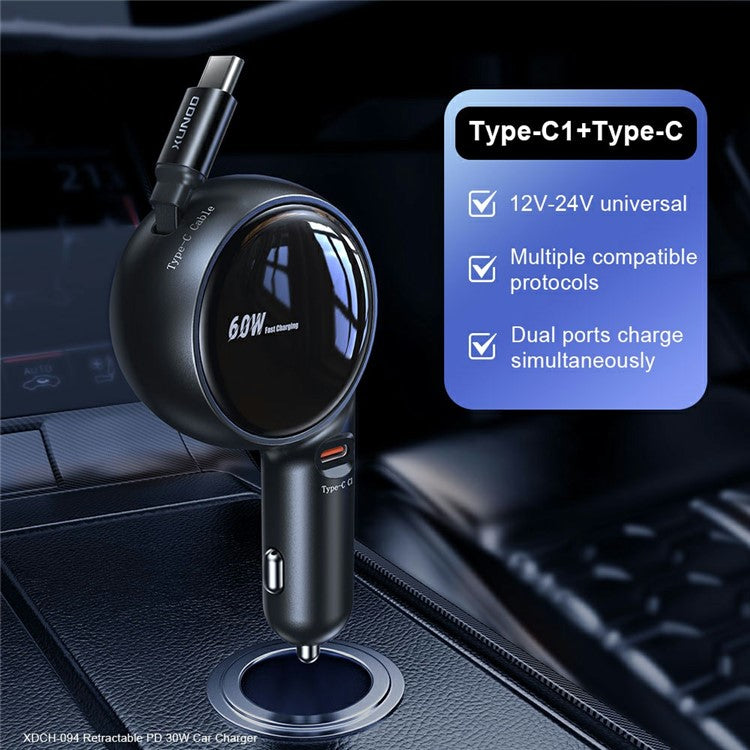 XUNDD XDCH-094 PD 30W Type-C Fast Charging Car Charger Adapter with 30W Type-C Retractable Cable