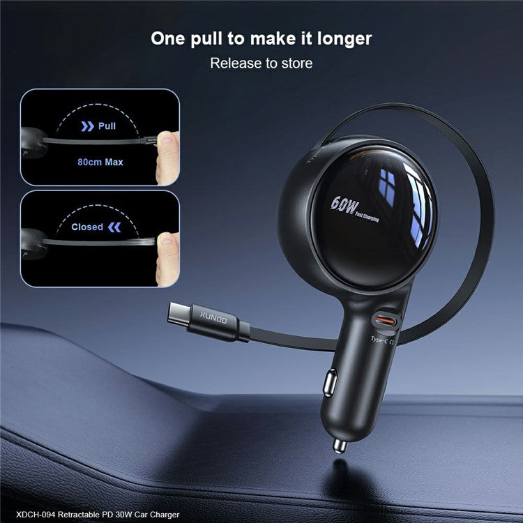 XUNDD XDCH-094 PD 30W Type-C Fast Charging Car Charger Adapter with 30W Type-C Retractable Cable